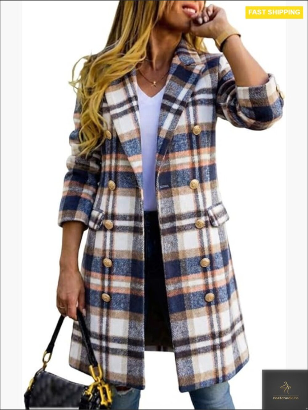 Long Plaid Wool Pea Coat Double Breasted Trench Classic Fall Winter